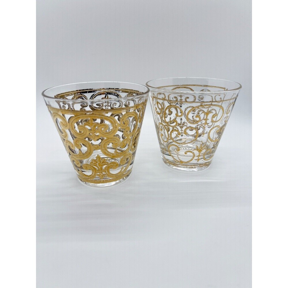 MCM Georges Briard 22K  Fleur de lis Design Rocks/Cocktail Glasses 2 Pc Barware